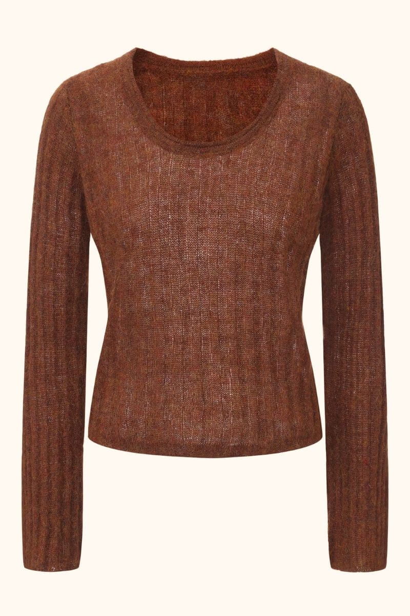 Front view of a brown ribbed mohair-blend long sleeve top with a soft semi-sheer knit texture, featuring a classic round neckline and slim fit, Sioéne womenswear.