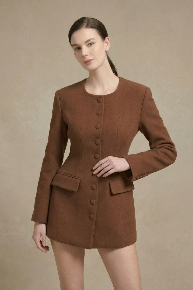Model posing in a three-quarter angle wearing a brown tailored blazer mini dress with covered buttons and long sleeves, styled with tall brown boots in a clean white studio setting.