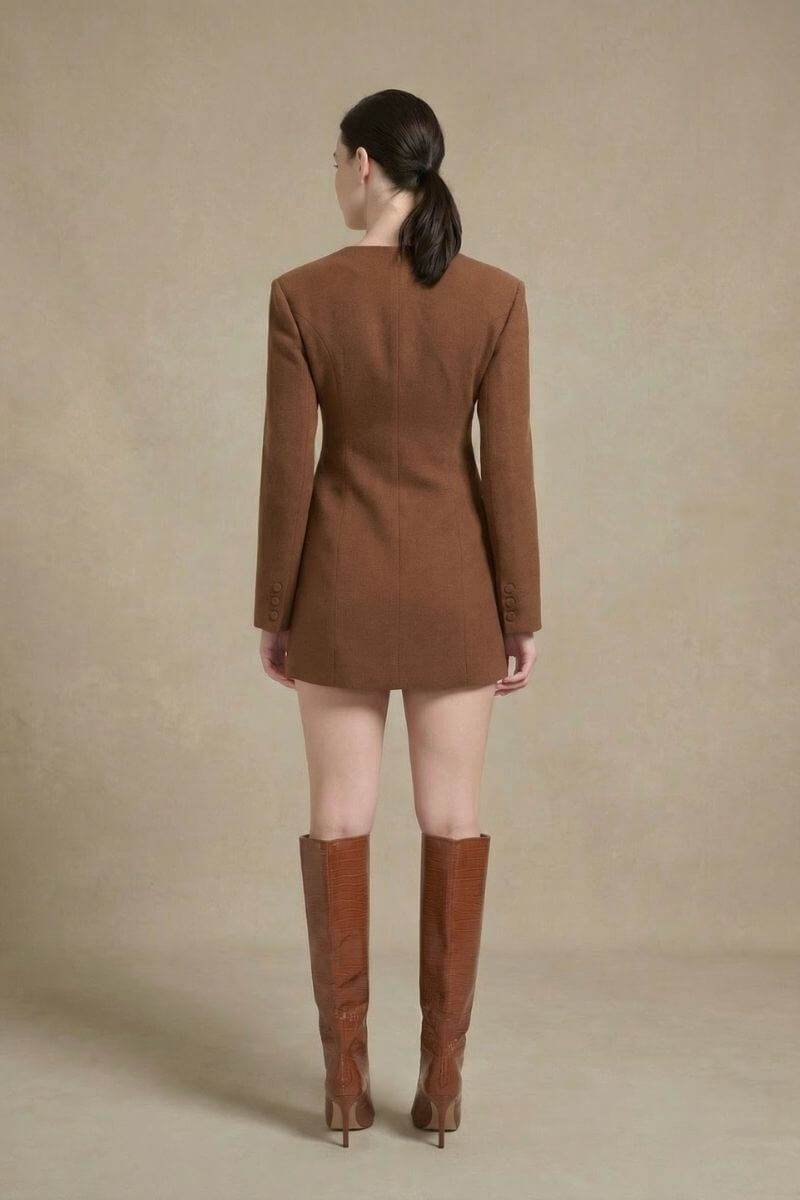 Model facing away from the camera wearing a brown wool mini blazer dress with long sleeves and structured tailoring, styled with tall brown heeled boots, photographed in a minimalist studio.