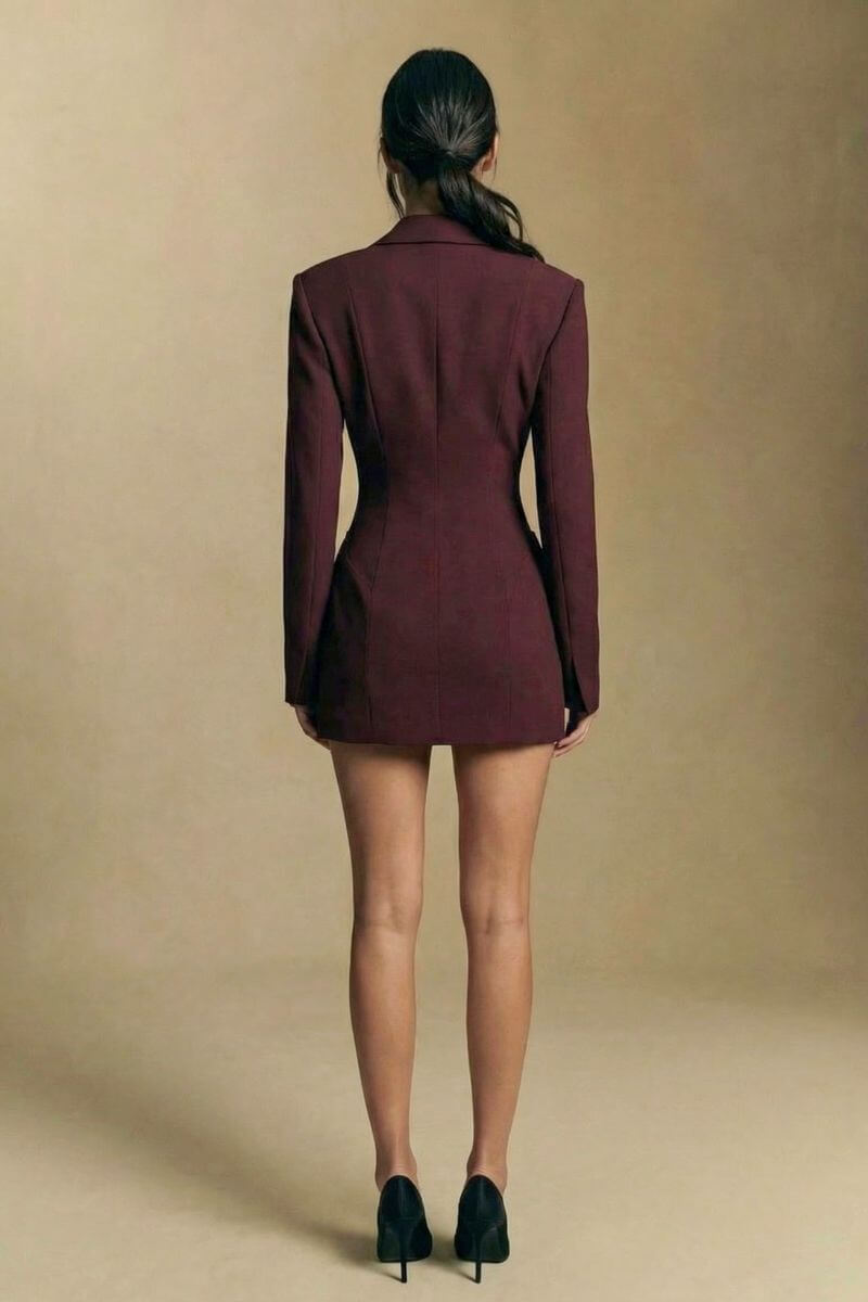 Back view of the burgundy blazer mini dress, revealing a clean tailored silhouette with structured shoulders and a smooth fitted back line.