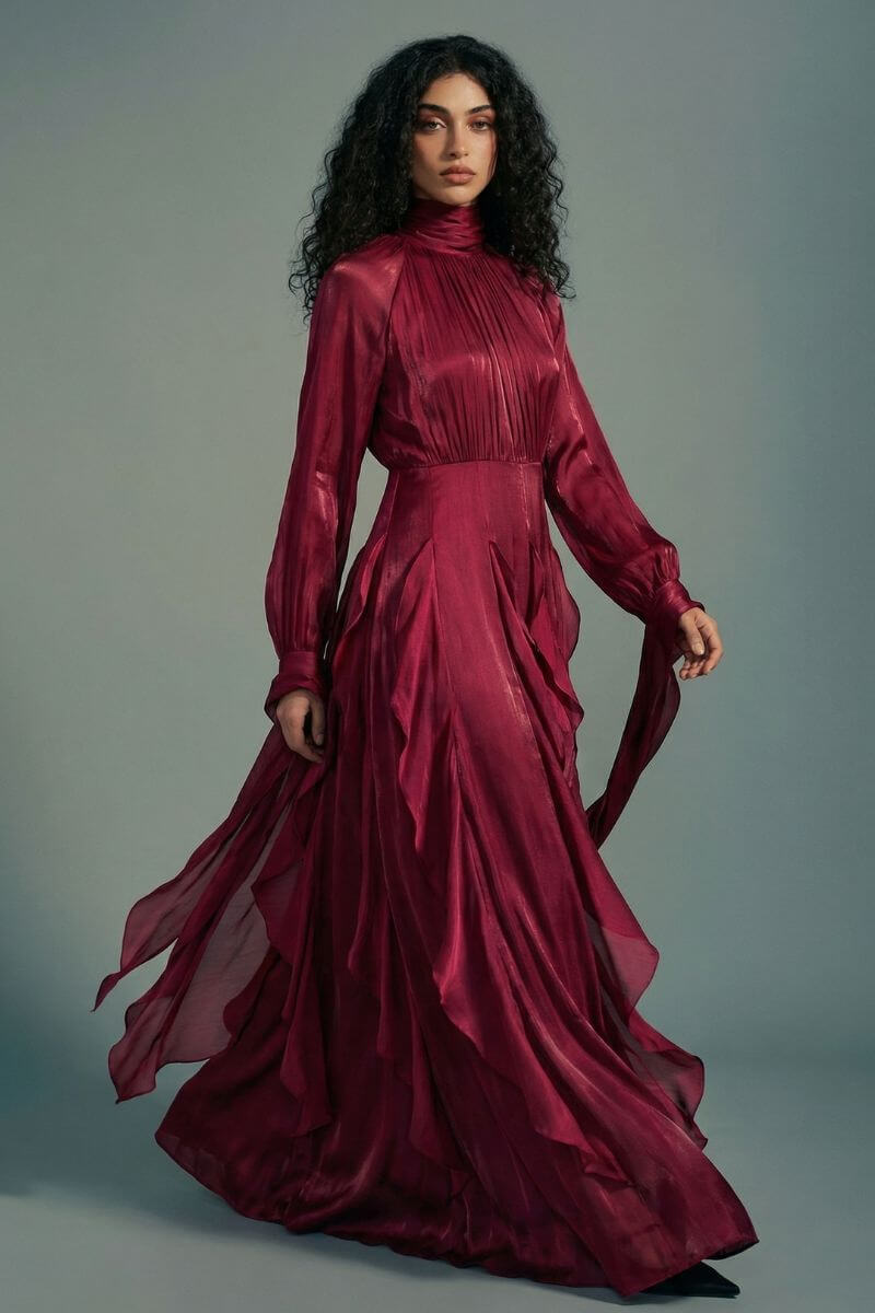 A model wears a burgundy high-neck maxi dress with long sleeves and cascading ruffle layers, styled with soft movement against a muted studio background.