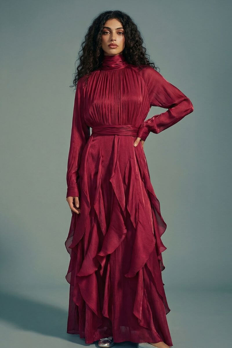A model stands confidently in a burgundy long sleeve high-neck maxi dress with cascading ruffles and a defined waist, styled for an elegant evening look.