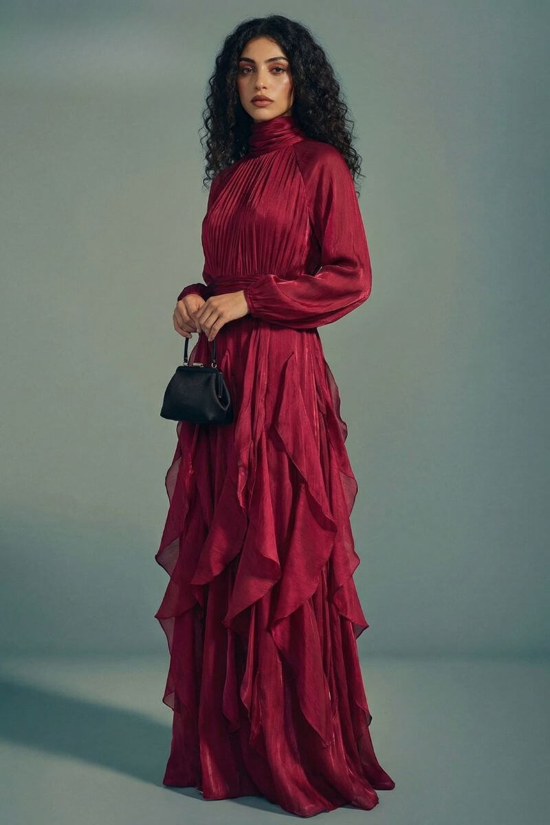 A front-facing view of a burgundy high-neck long sleeve maxi dress featuring a softly pleated bodice and layered ruffle skirt, styled with a structured mini handbag.