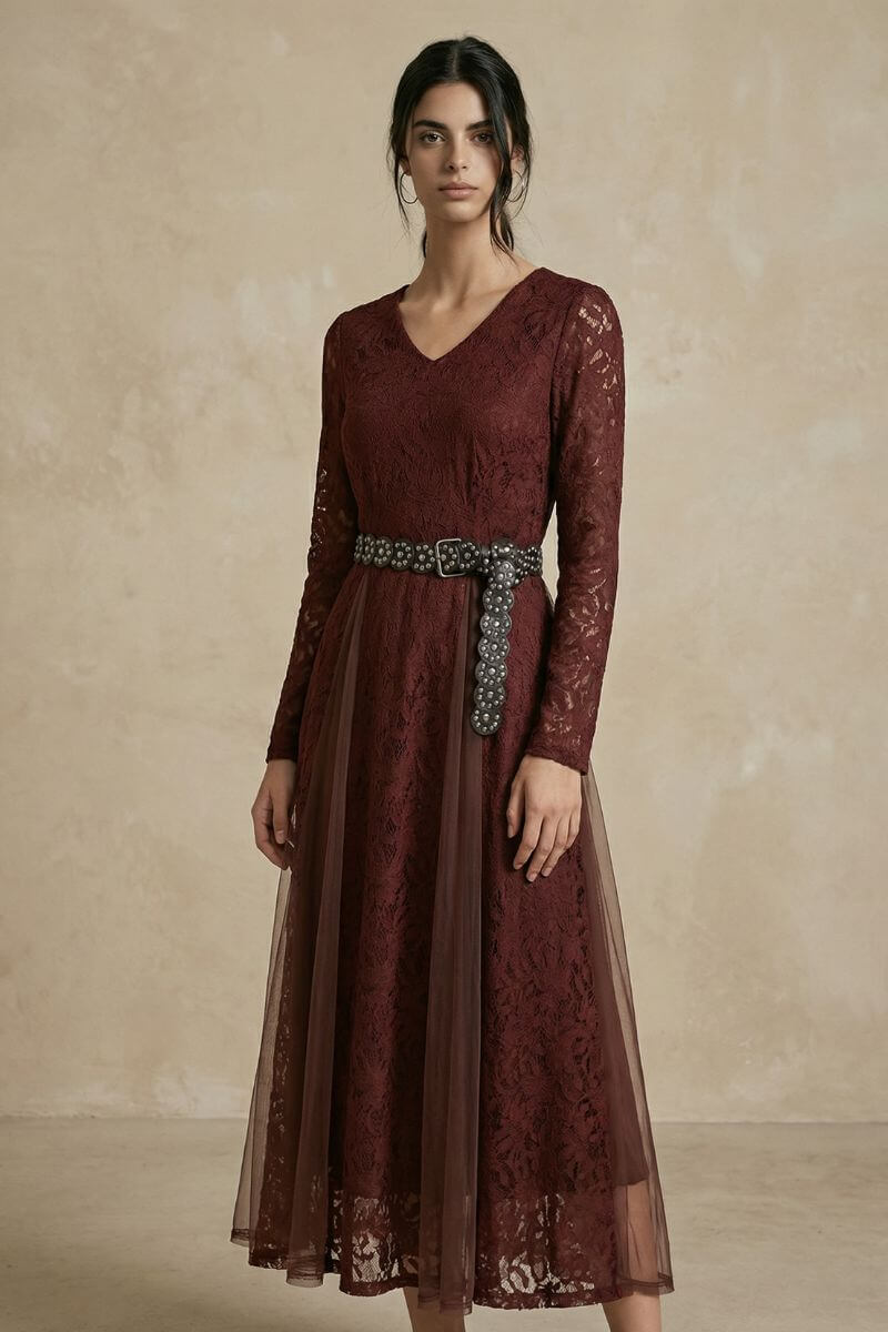 Auburn Lace Mesh Panel Maxi Dress S Auburn Lace Mesh Panel Maxi Dress S