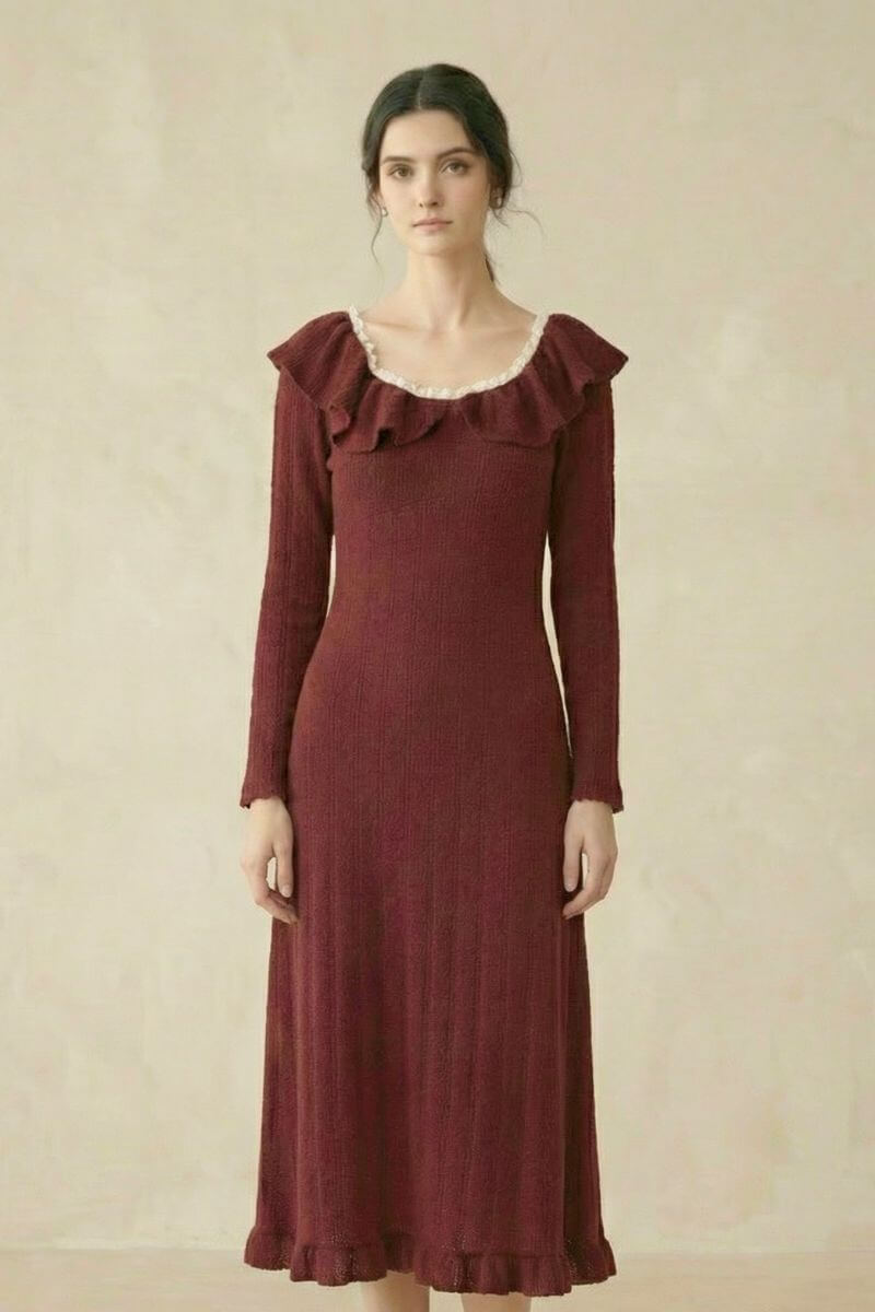 A woman wearing a burgundy long-sleeve midi dress with a textured knit finish, ruffled neckline, and gently flared hem, shown from a slight angle.