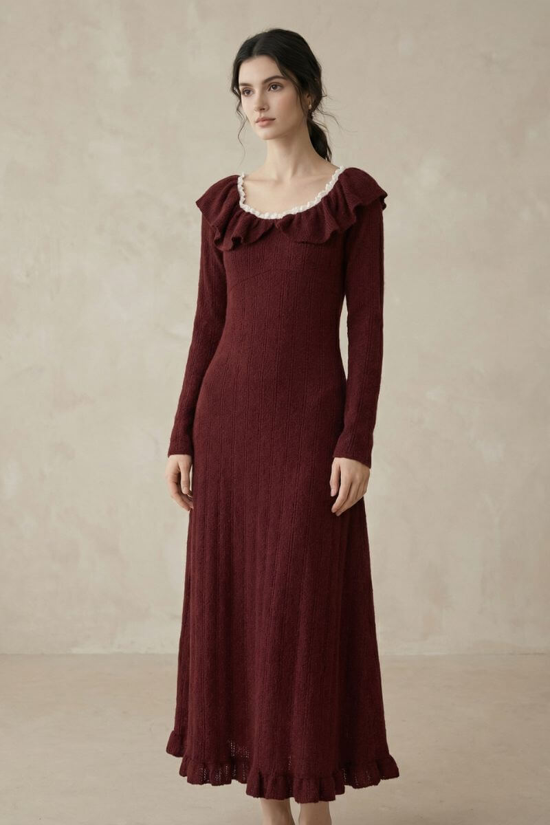 A woman wearing a burgundy long-sleeve midi dress featuring a textured knit fabric, ruffled neckline, and soft cream trim, shown in a close-up front view.