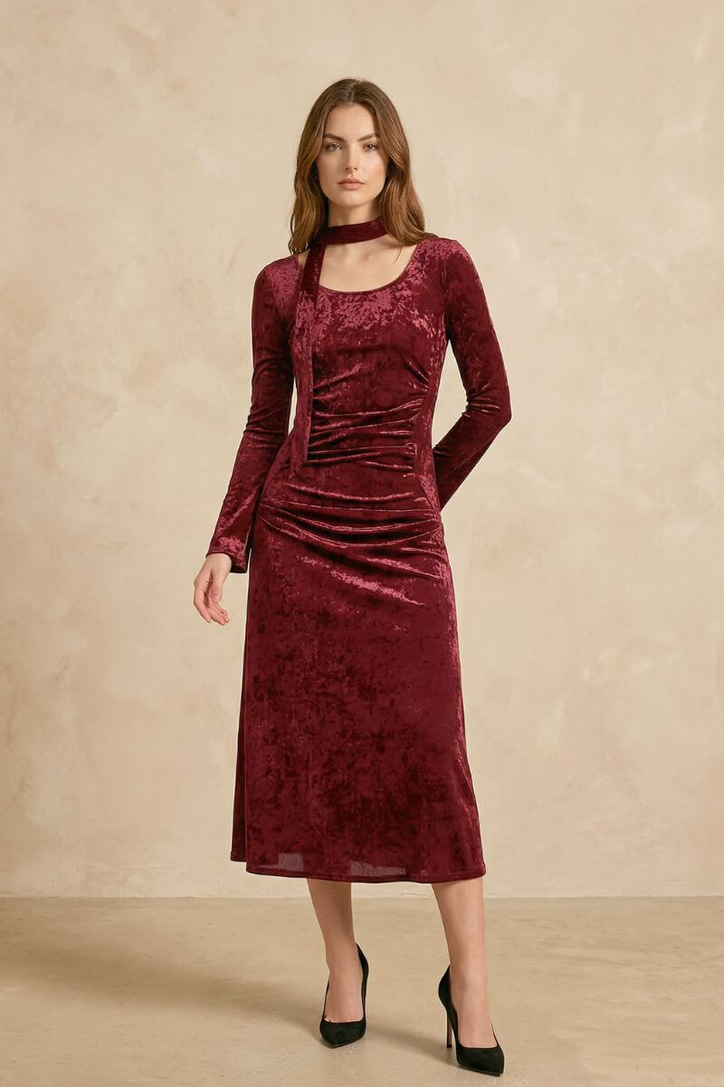 Velvet Burgundy Tie-Neck Maxi Dress L Velvet Burgundy Tie-Neck Maxi Dress L