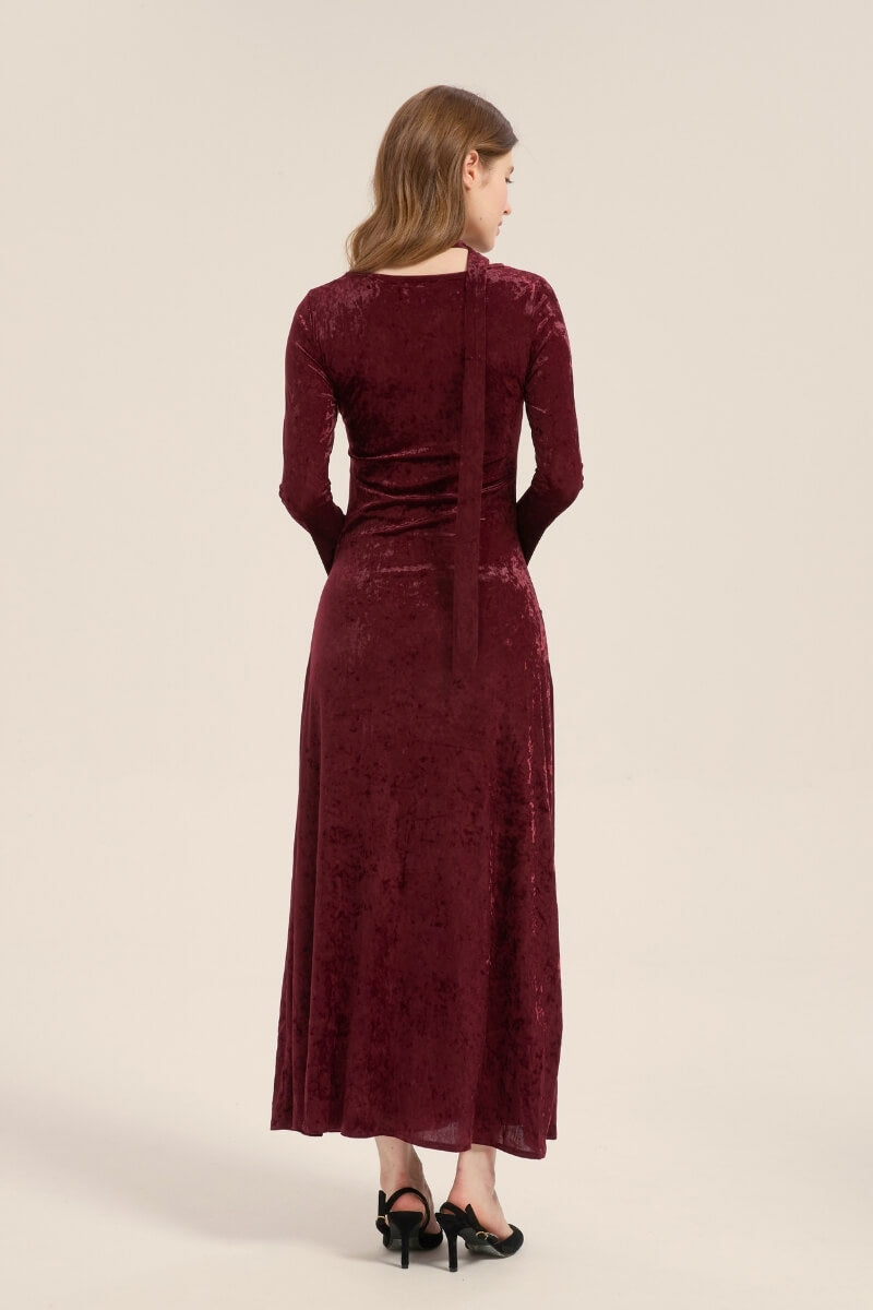 Velvet Burgundy Tie-Neck Maxi Dress L
