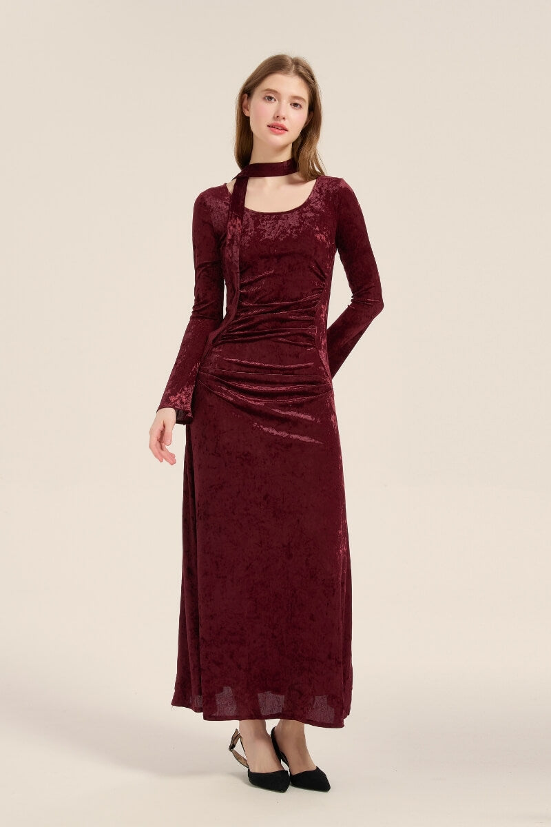 Velvet Burgundy Tie-Neck Maxi Dress L