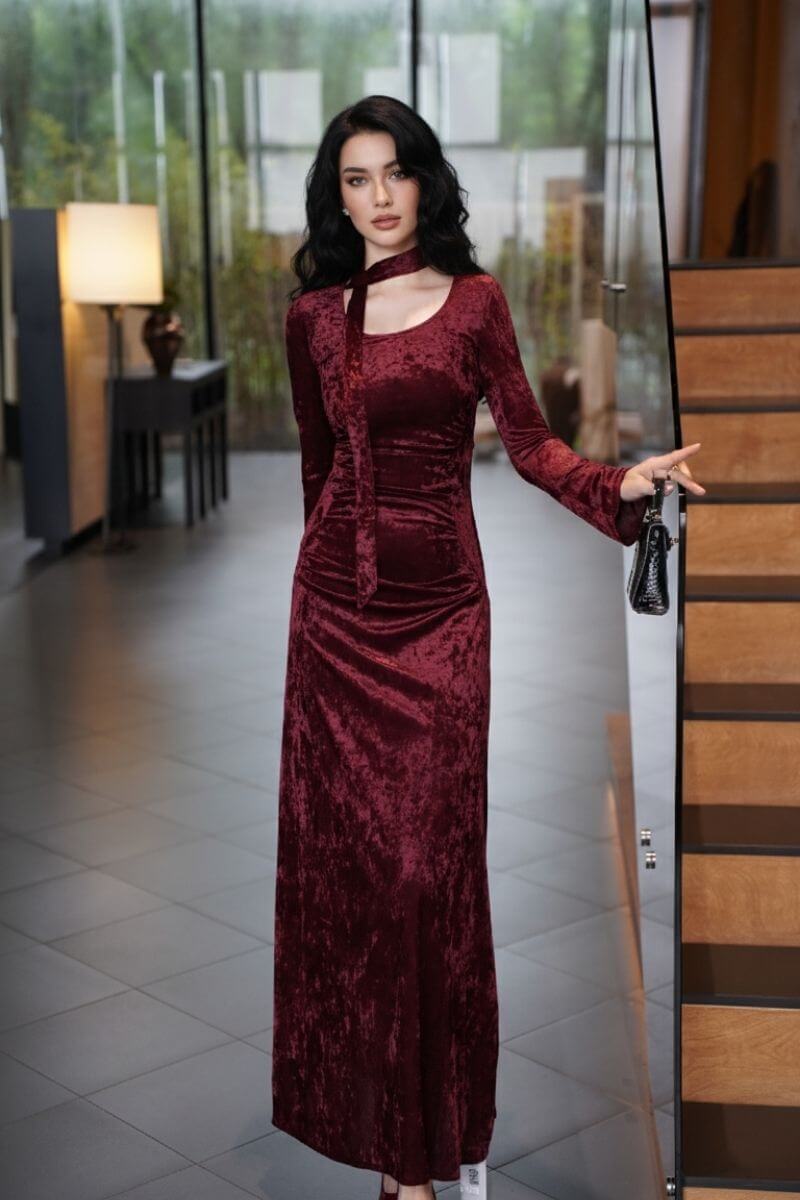 Velvet Burgundy Tie-Neck Maxi Dress L Velvet Burgundy Tie-Neck Maxi Dress L