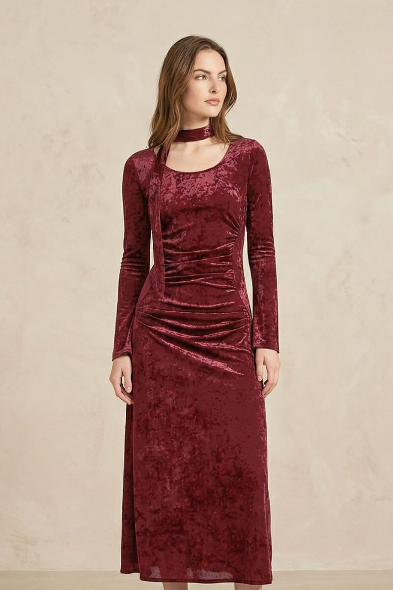Velvet Burgundy Tie-Neck Maxi Dress L