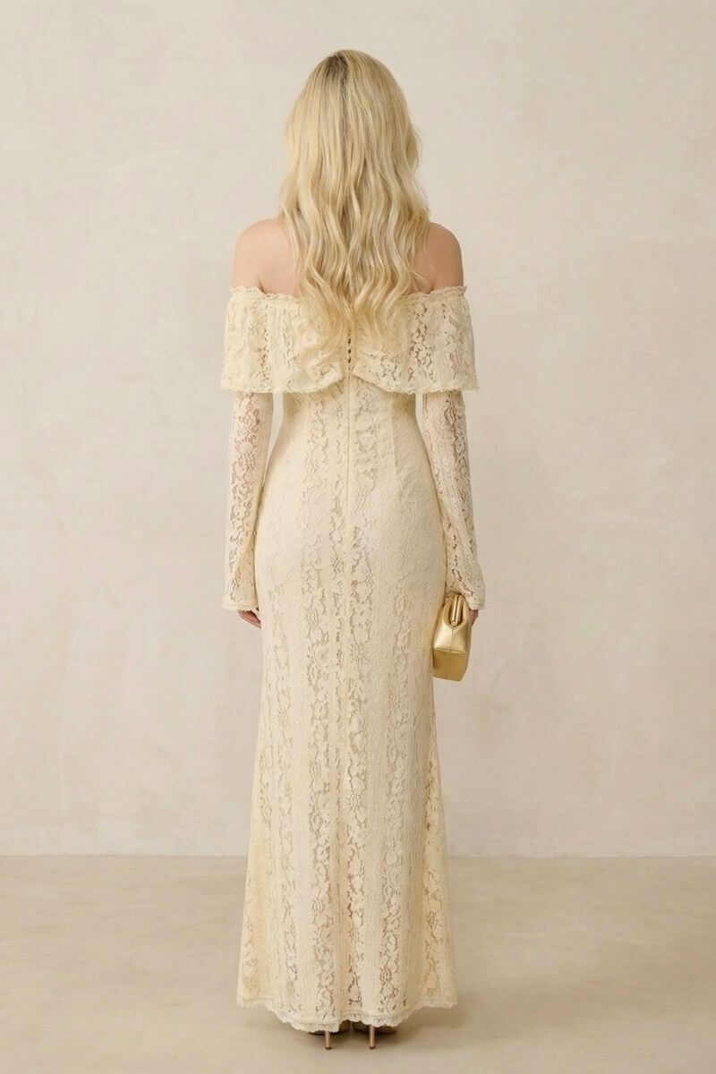 Back view of a buttercream lace off-shoulder maxi dress showing the smooth lace finish, long sleeves, and clean back silhouette with subtle structure.