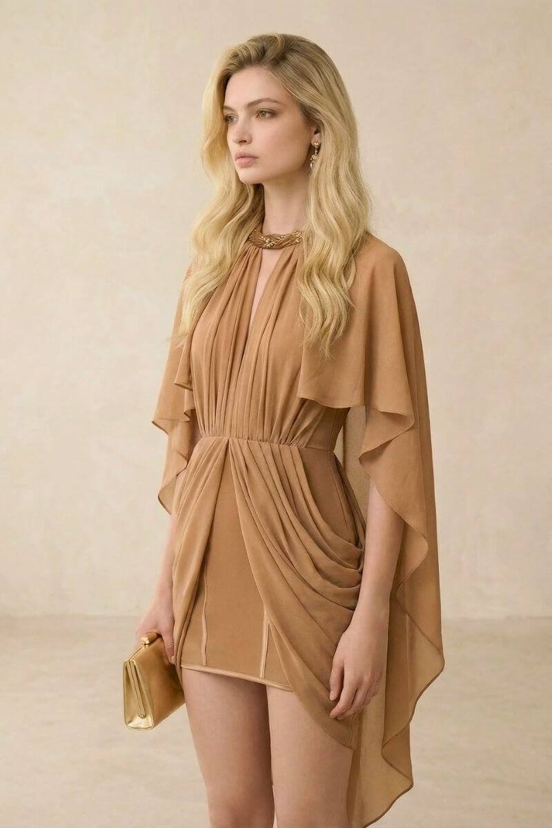Model wearing a camel chiffon mini dress with a pleated bodice, cinched waist, and sheer cape sleeves, styled with gold earrings and a metallic clutch in a warm-toned studio setting.