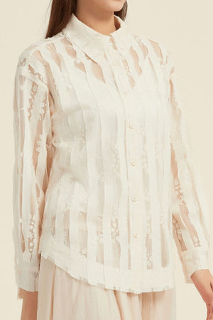 Closeup showing detailed embroidery and button-down front of an ivory sheer lace blouse with delicate floral patterns.