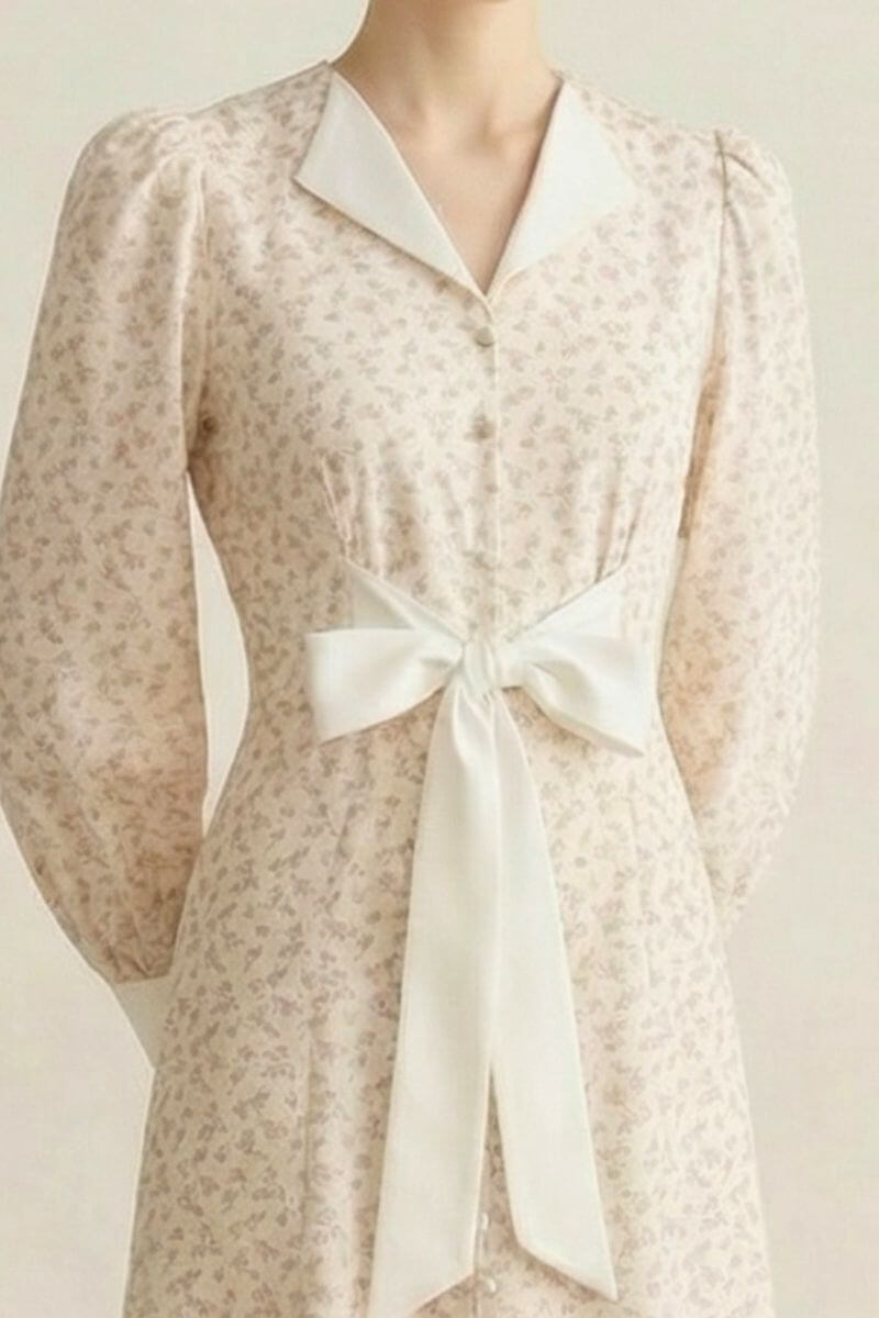 Close-up of a cream printed vintage-inspired maxi dress with a satin collar, puff sleeves, and a long satin bow tied at the waist.