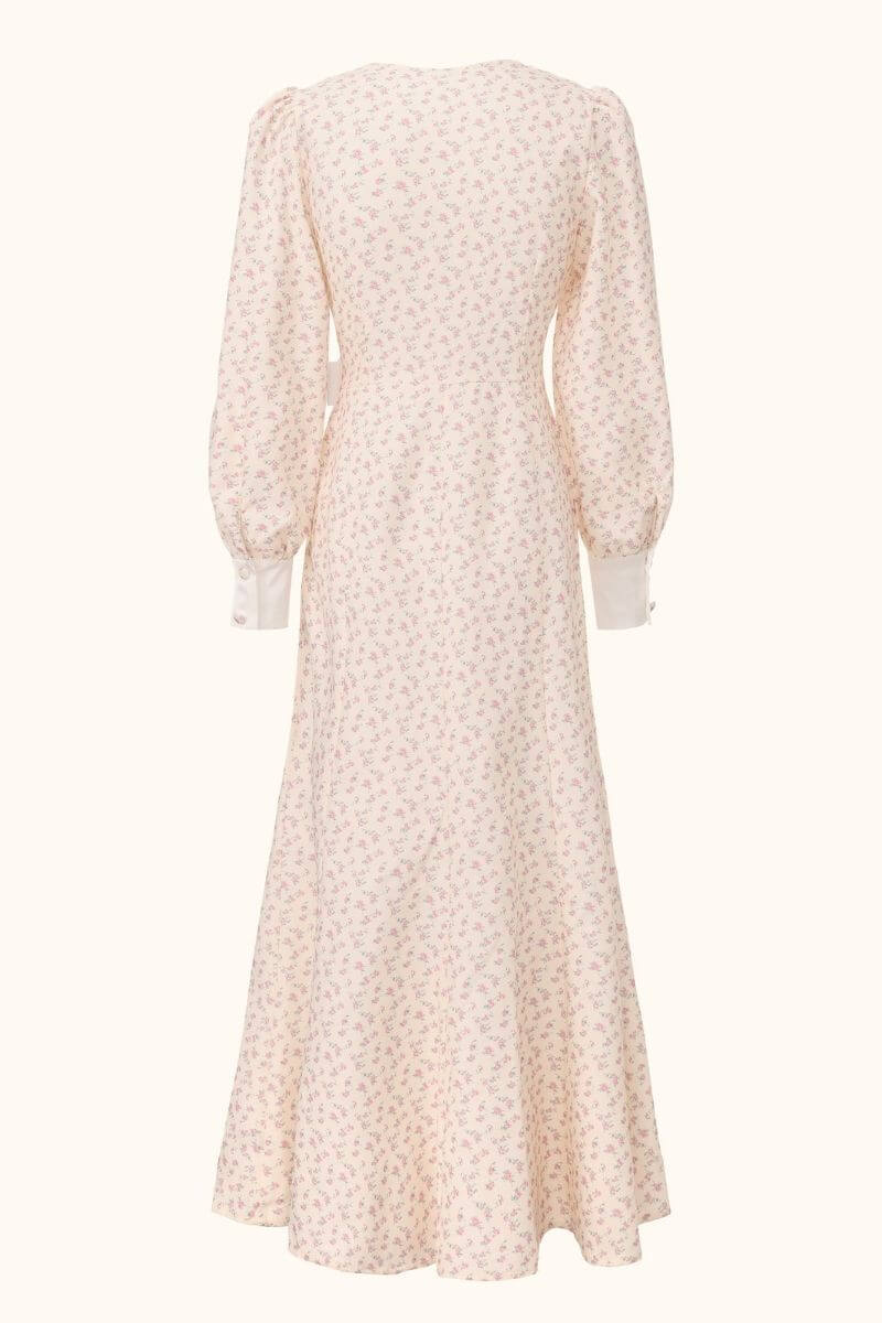 Cream Satin Collar Floral A-Line Maxi Dress XS