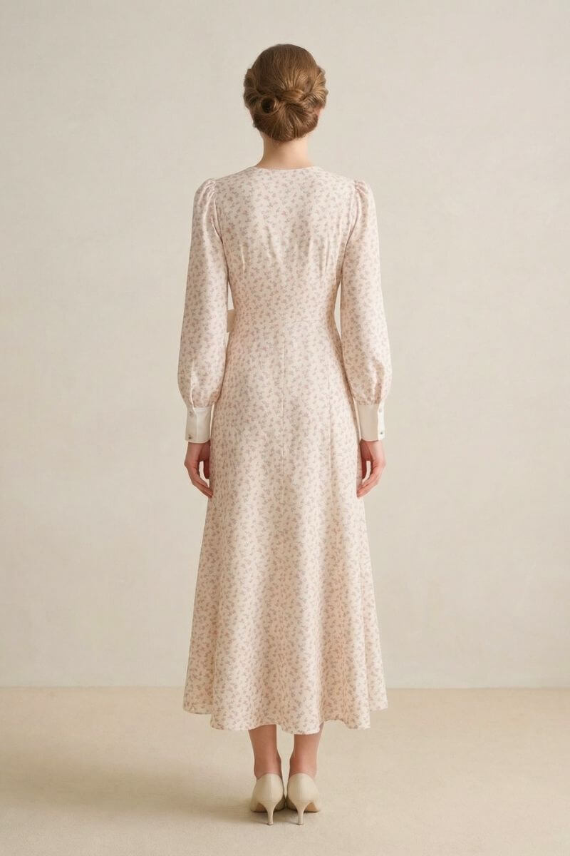 Cream Satin Collar Floral A-Line Maxi Dress XS