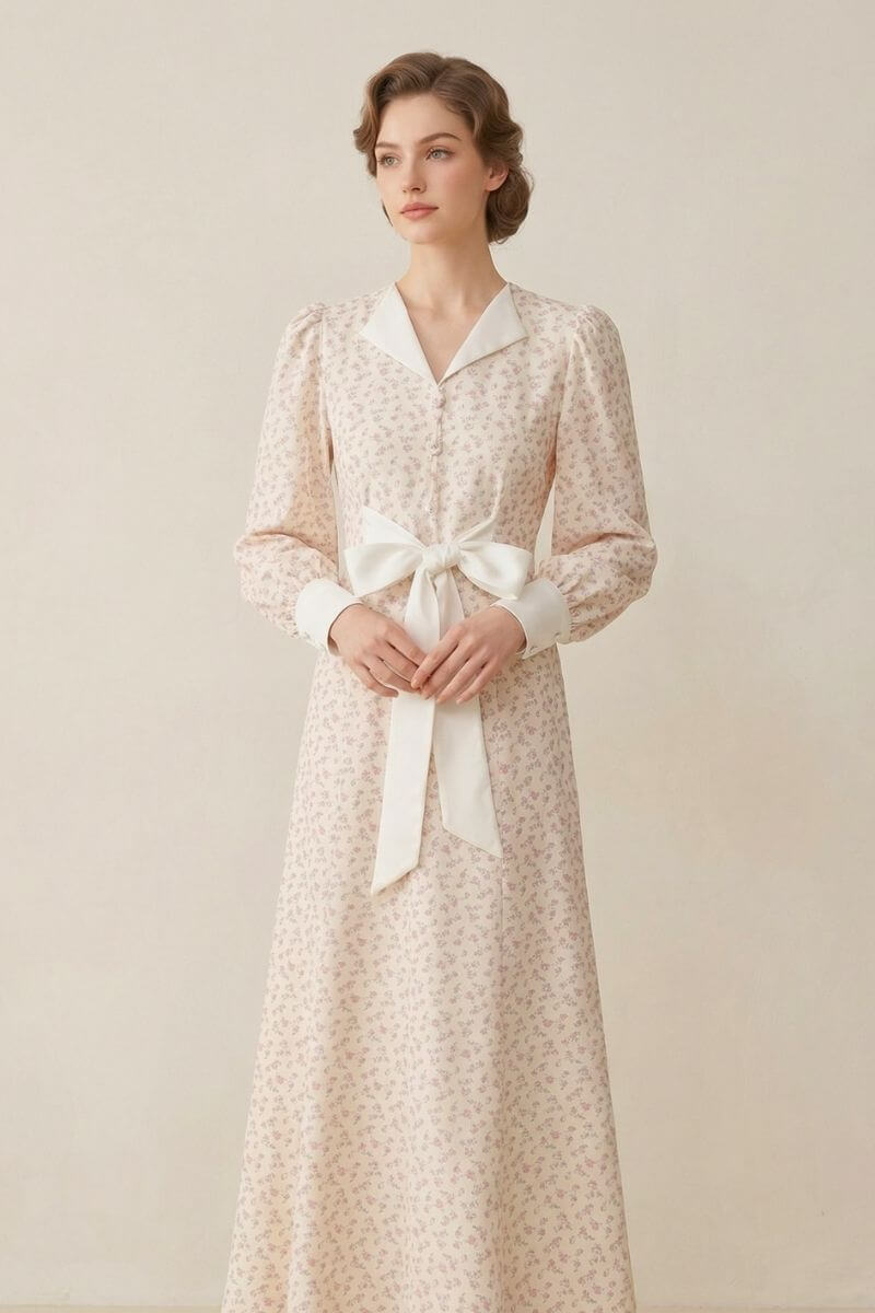 knee length dresses for ladies Cream Satin Collar Floral A-Line Maxi Dress Xs