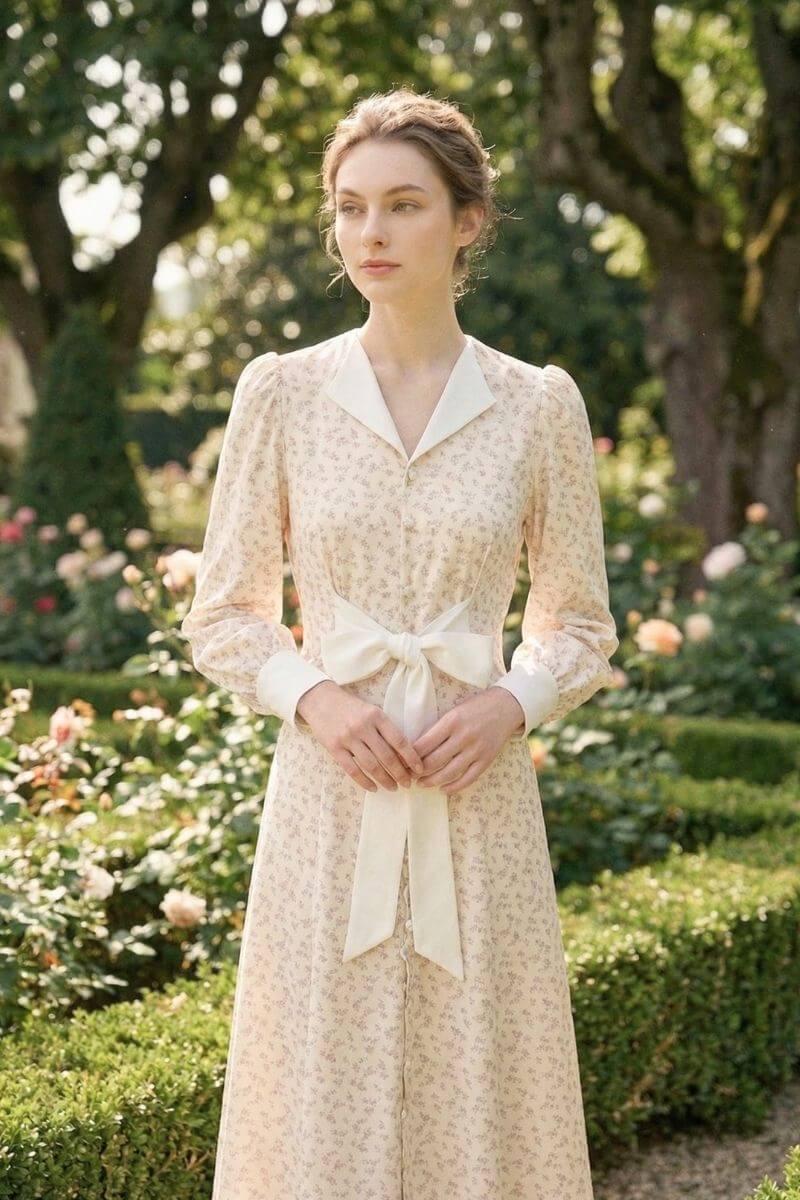 Cream Satin Collar Floral A-Line Maxi Dress Xs