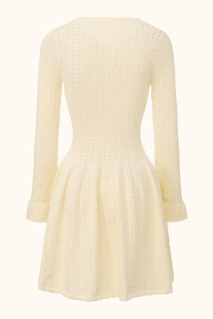 Back view of a cream pointelle knit mini dress featuring long sleeves, a fitted waist and an A-line skirt, showing the textured open-knit pattern clearly.