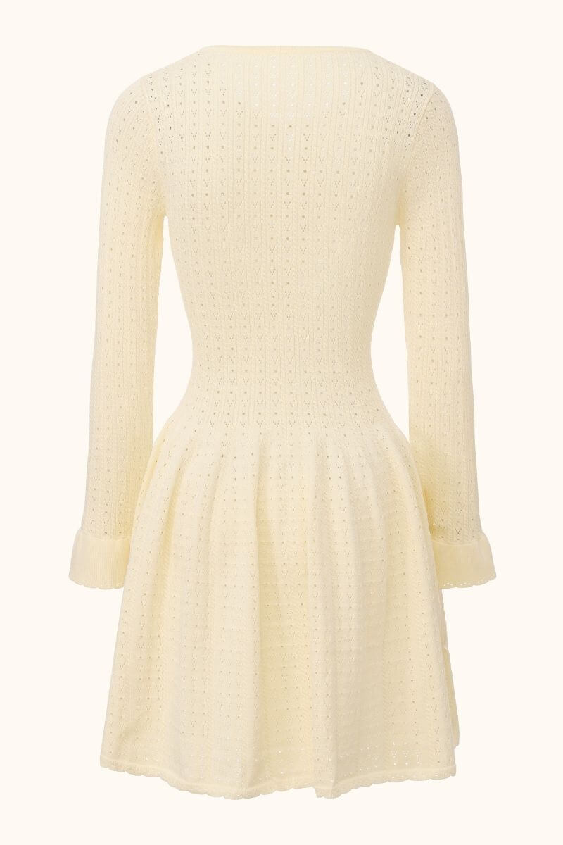 Back view of a cream pointelle knit mini dress featuring long sleeves, a fitted waist and an A-line skirt, showing the textured open-knit pattern clearly.