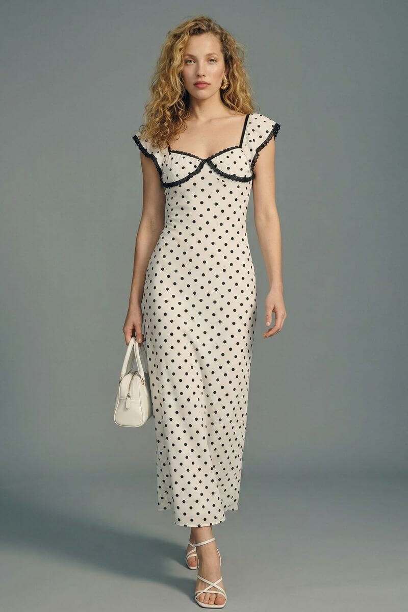 Model wearing a cream polka dot lace trim midi dress with a fitted silhouette, flutter sleeves, and black contrast details, styled with a white handbag and strappy heels.