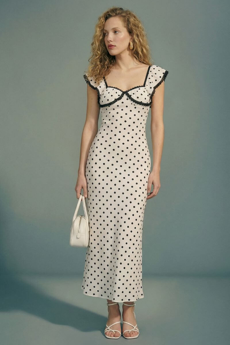 Black Cream-Dot Lace-Edge Maxi Dress White / S