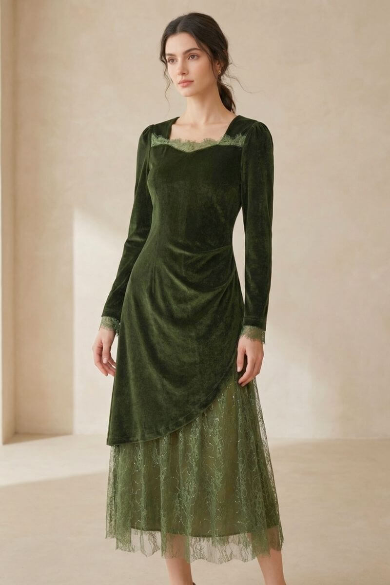 A woman wearing a dark green velvet midi dress with lace trimming and an asymmetric draped skirt, posing in a softly lit studio.