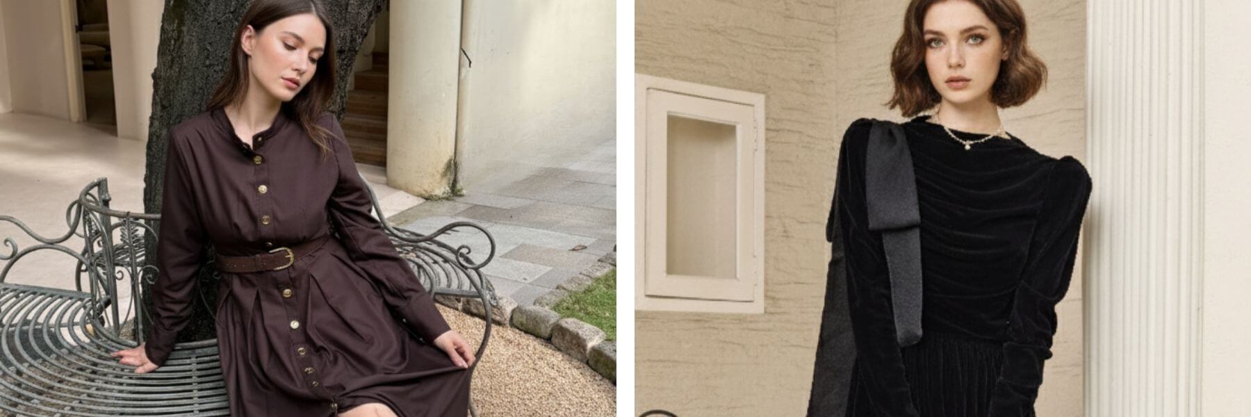 A collage showcasing four women wearing fall collection dresses: a chocolate brown button-up belted midi dress, a black velvet dress with draped details,