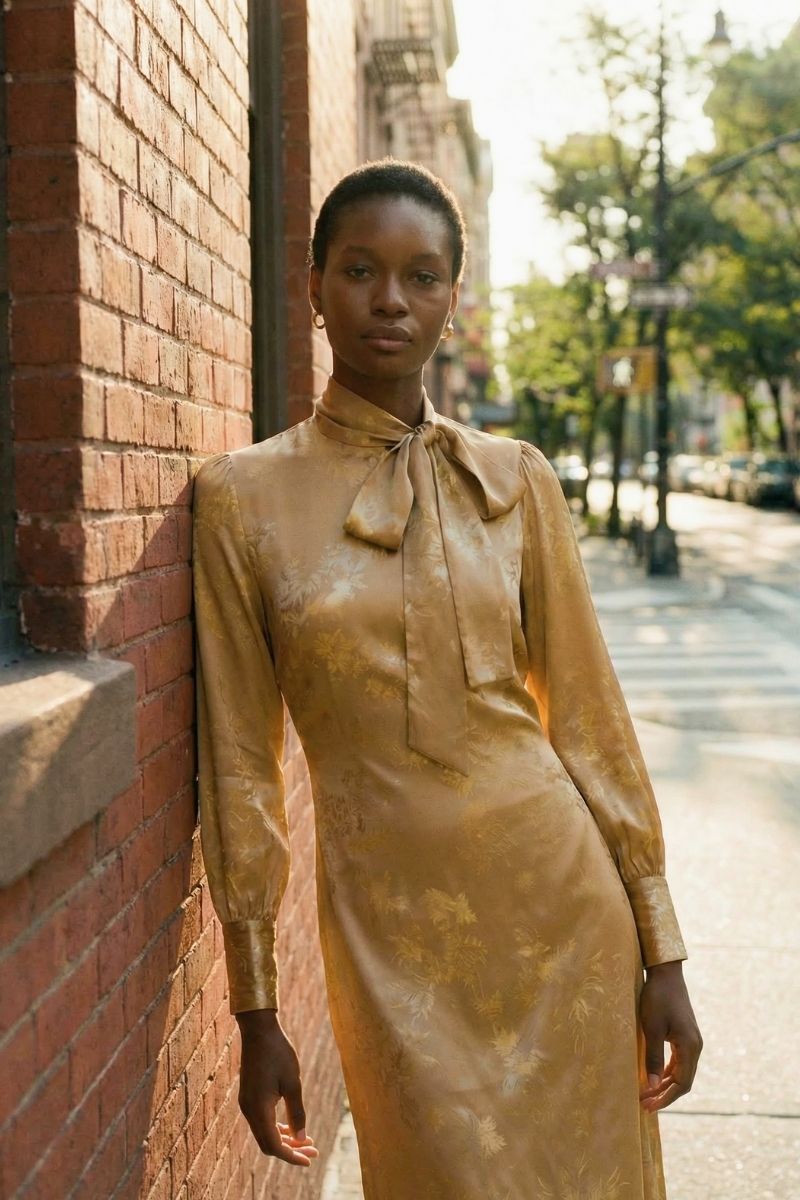 Woman leaning against a brick wall outdoors wearing a gold bow-tie satin midi dress in warm light.