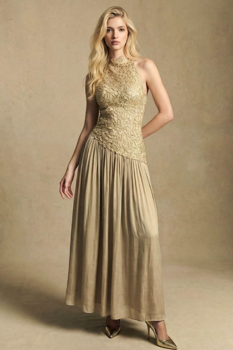 Model in a gold lace halter midi dress shown from a three-quarter angle, highlighting the sculpted lace bodice and fluid drape of the midi skirt.