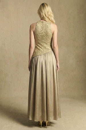 Back view of a gold lace halter midi dress, revealing the clean halter cut, seamless lace back, and flowing skirt with elegant movement.