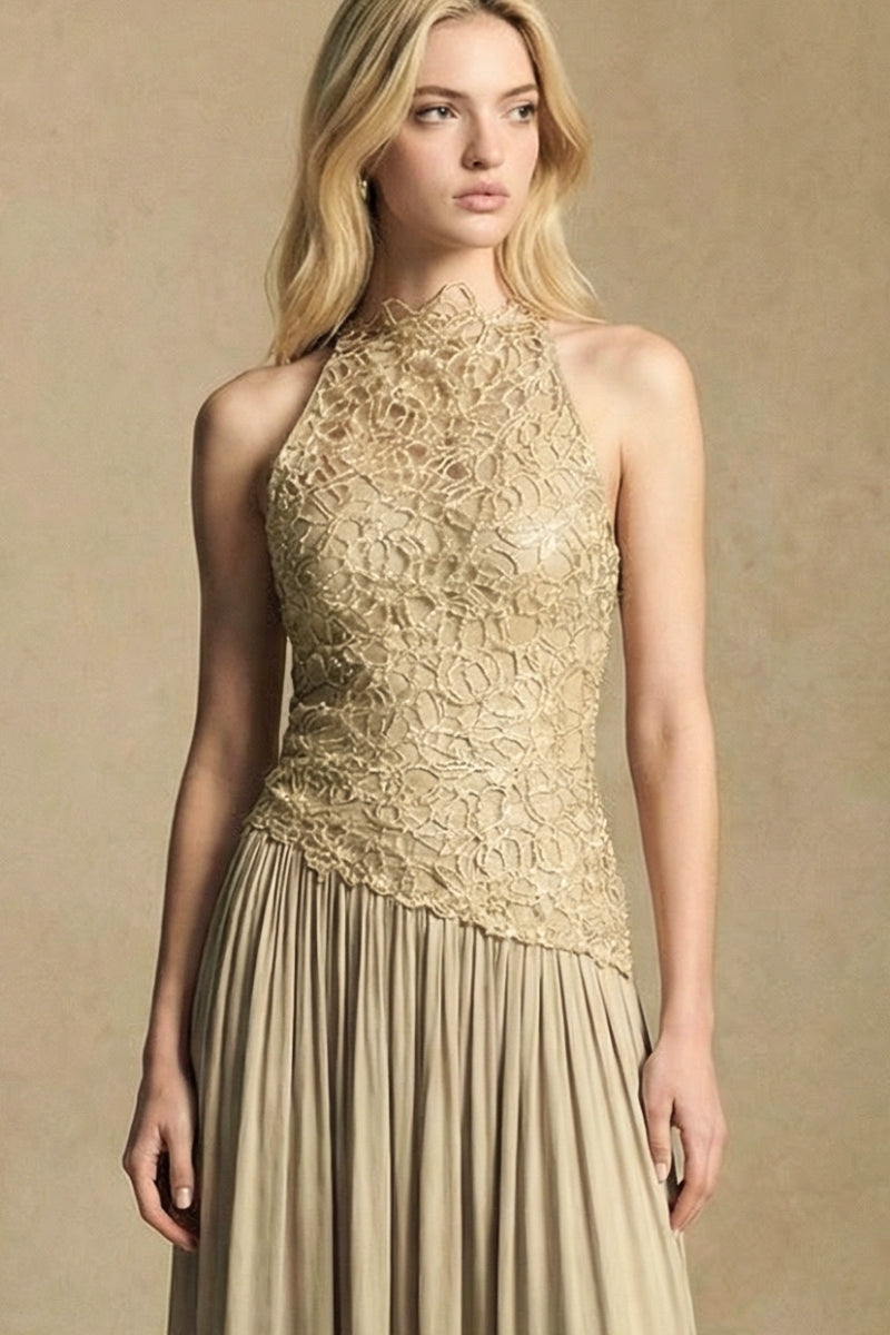 Close-up of the gold lace halter bodice showing intricate floral lace texture, refined neckline, and delicate craftsmanship.