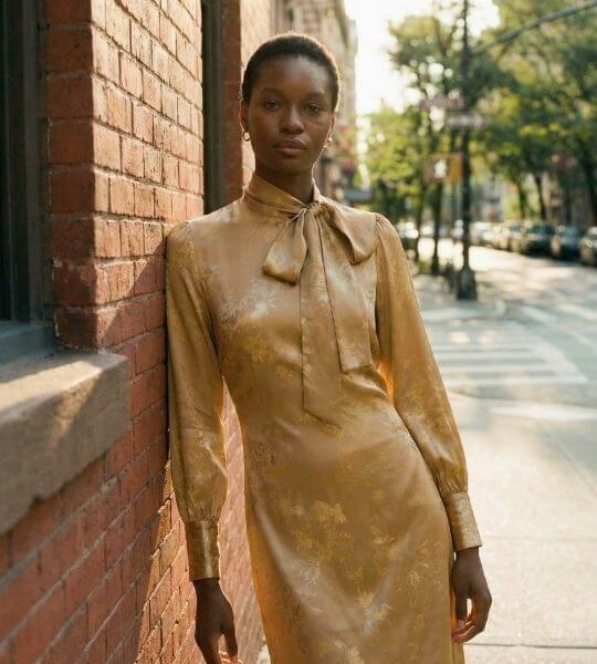 Woman leaning against a brick wall wearing a gold satin long-sleeve midi dress with a bow-tie neckline, styled in natural daylight for a chic city look.