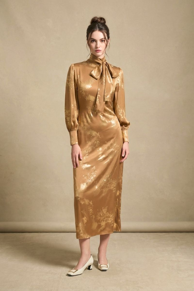 Gilded Grace Bow-Neck Midi Dress Xs