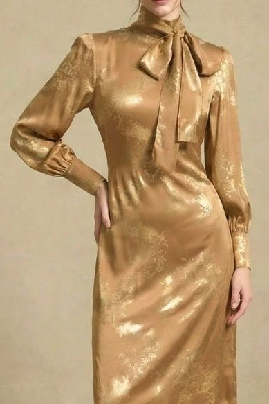 Gilded Grace Bow-Neck Midi Dress Xs