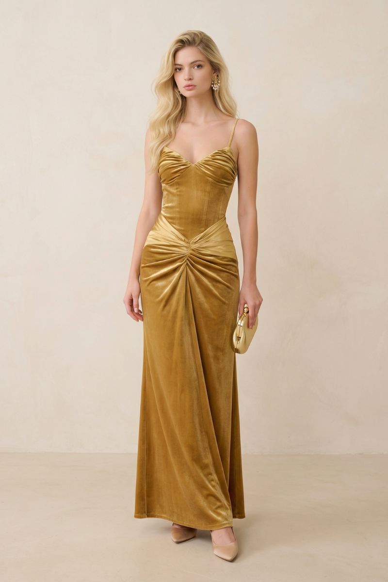 Front full-length view of a gold velvet ruched maxi dress featuring a sweetheart neckline, gathered waist detail, and fluid floor-length skirt.