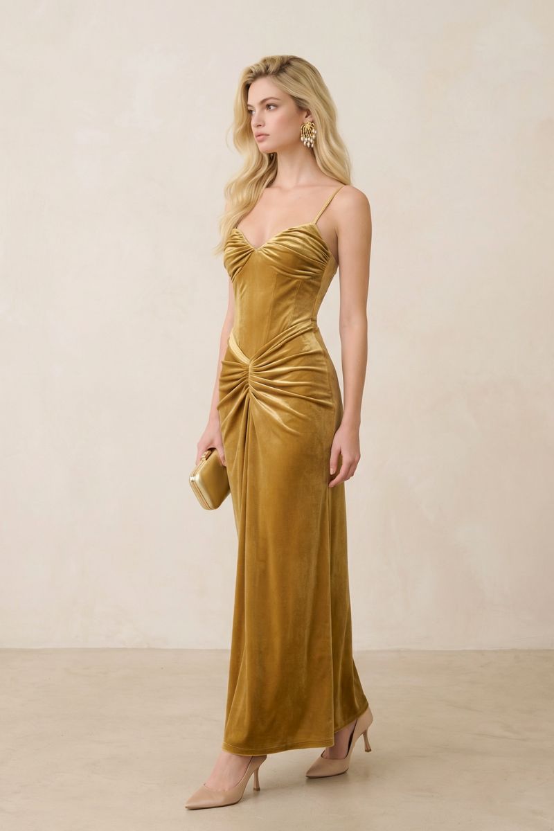 Side profile of a gold velvet ruched maxi dress worn with neutral heels, showcasing the contoured silhouette, gathered hip detail, and elegant velvet texture.