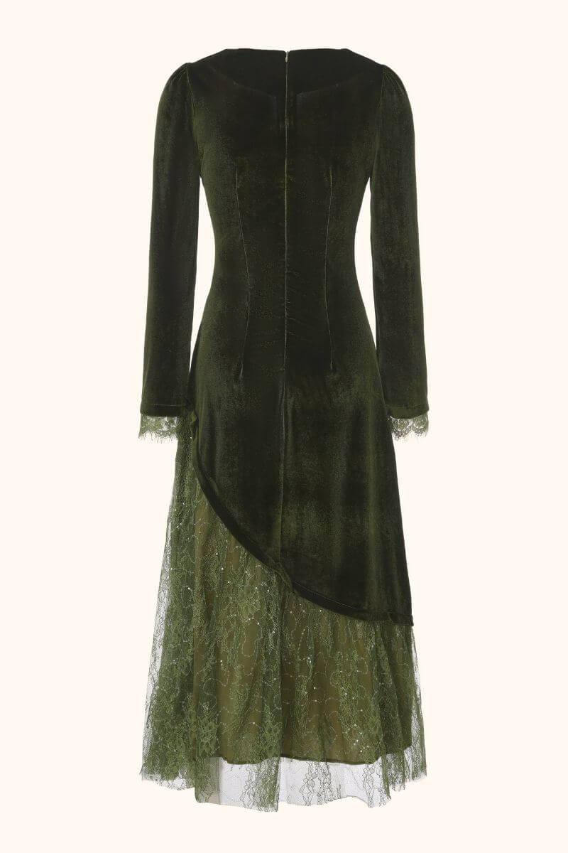 Back view of a green velvet long-sleeve midi dress featuring a soft fitted silhouette and scalloped lace hem, displayed on a plain light background.