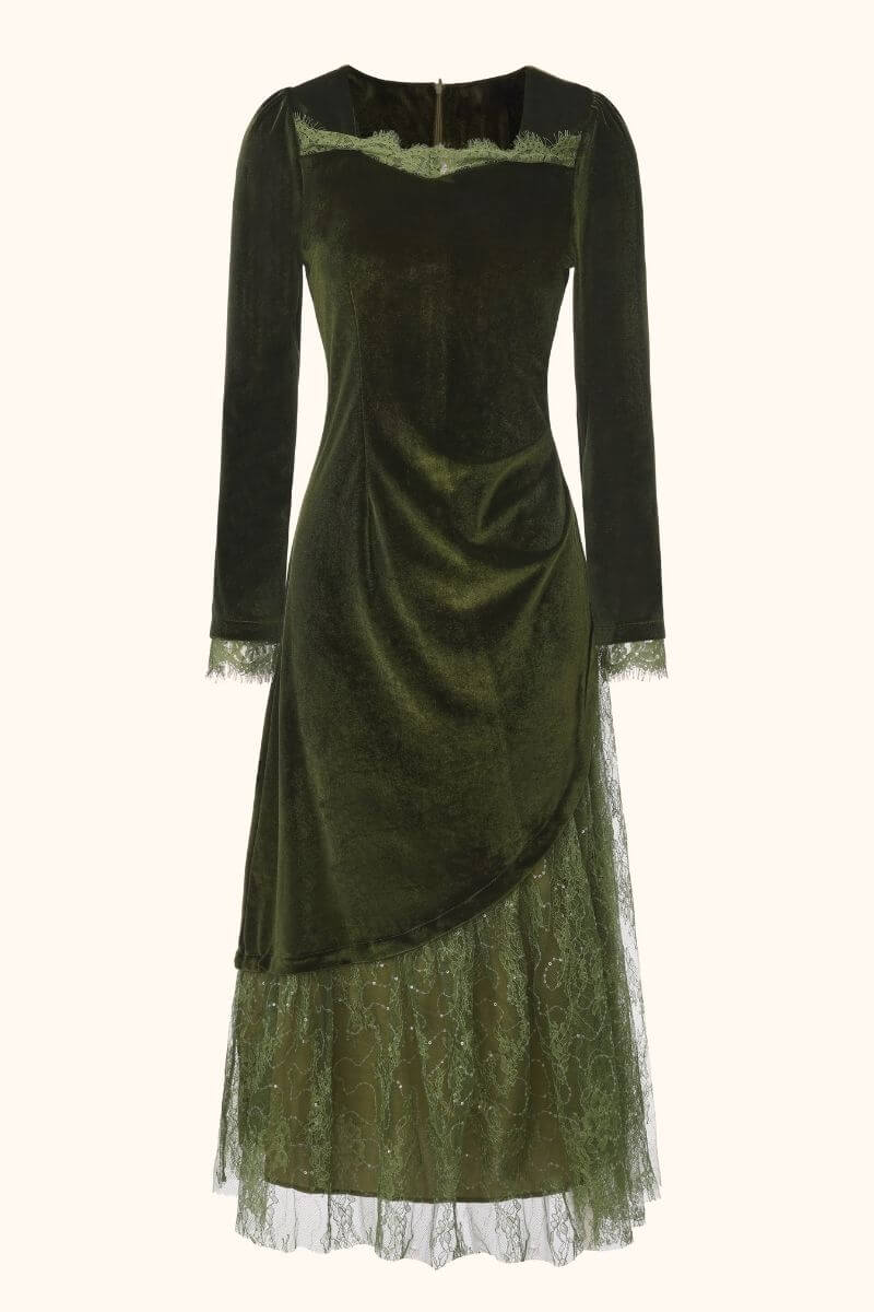 slim fit dress slacks Evergreen Velvet Asymmetrical Lace Midi Dress L