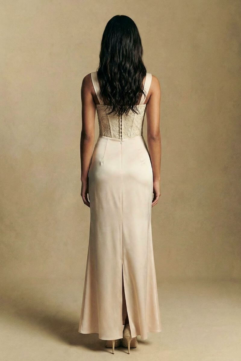 Back view of an ivory embroidered satin maxi dress featuring a structured bodice, concealed back closure, and a fluid satin skirt in a minimalist studio backdrop.