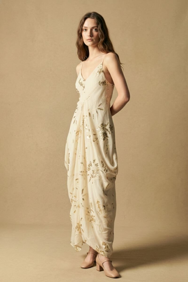 Side profile of a model wearing an ivory maxi dress with gold sequin floral details, highlighting the fluid drape and elongated silhouette.
