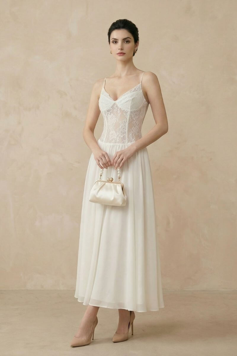 A model wears an ivory lace corset maxi dress with a sheer floral bodice, holding a pearl-handle handbag for an elegant evening-ready look.