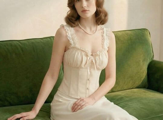 Woman sitting on a green velvet sofa wearing an ivory satin corset top with lace ruffle straps and pearl accents, styled in a soft vintage-inspired look.