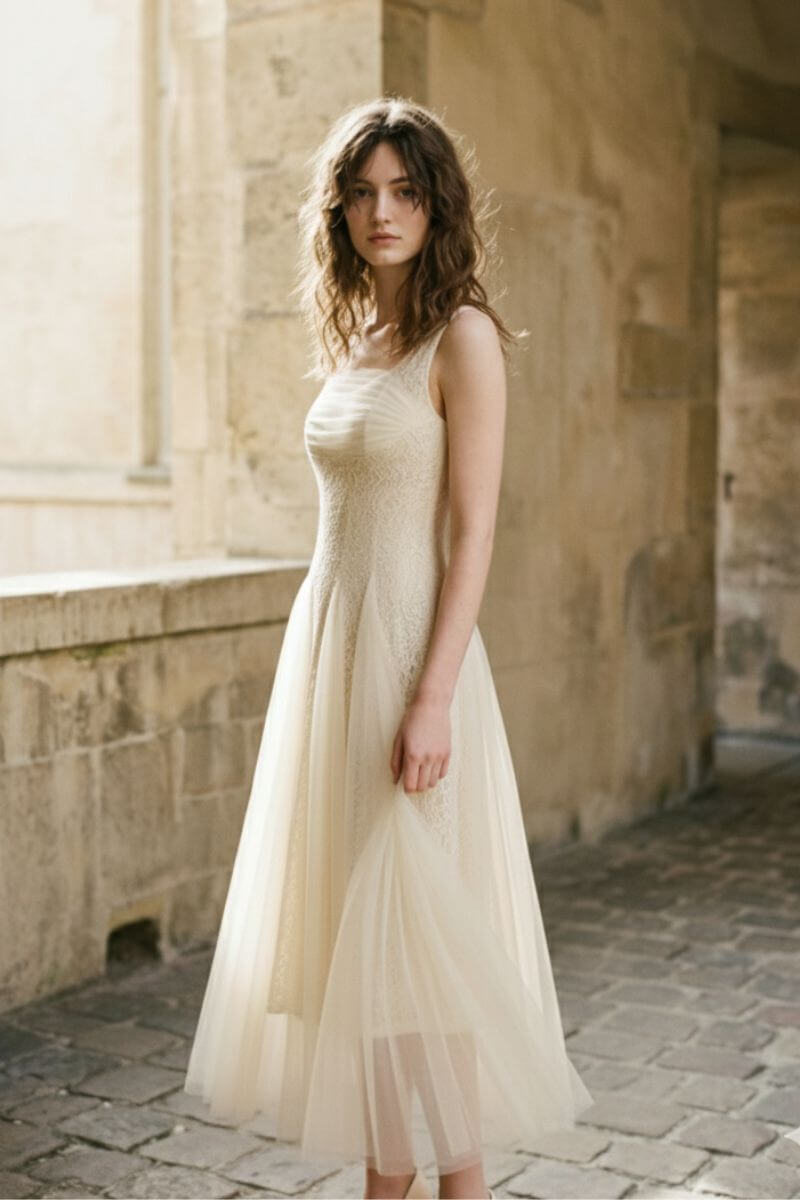 lace tulle midi dress Long Sleeve Lace and Tulle Midi Black Dress EU38