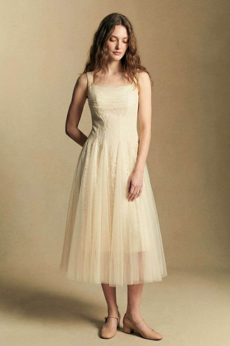 Soft Gold Corset Tulle Ballroom Midi Dress M