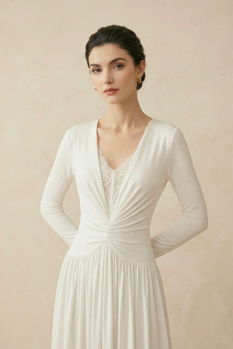 Close-up of an ivory long sleeve dress highlighting the lace V-neckline, softly gathered bodice, and smooth stretch fabric texture.