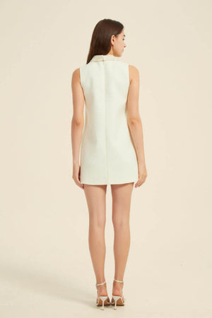 Back view of ivory sleeveless mini dress with lace collar and clean A-line silhouette.