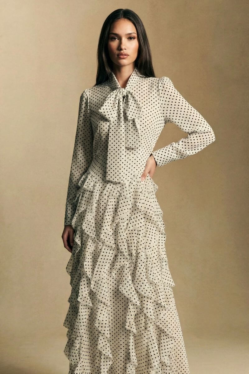 Polka Rouge Ruffle Maxi Dress | Premium Quality Apparel S / White Polka Rouge Ruffle Maxi Dress | Premium Quality Apparel S / White