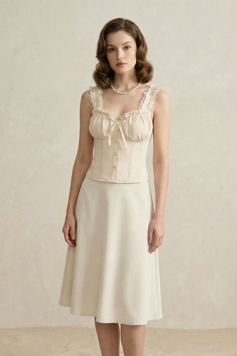 Model wearing an ivory ruffle lace corset top with wide straps and an ivory A-line midi skirt in a soft neutral studio setting.